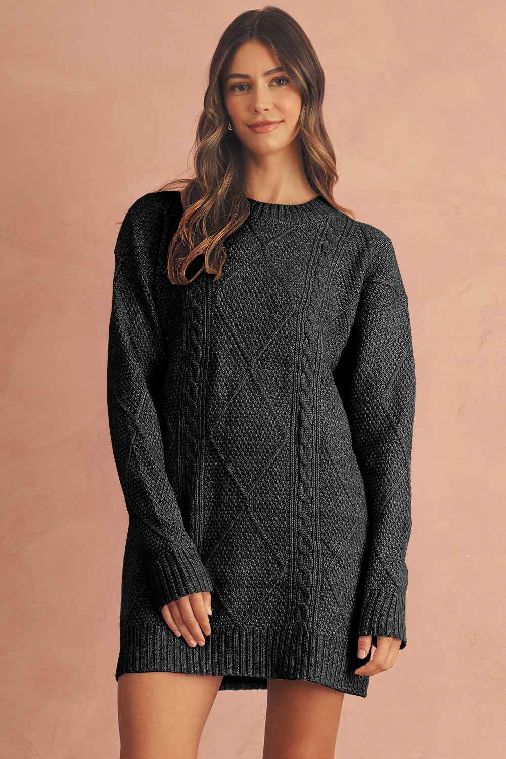 Oatmeal Cable Knit Drop Shoulder Loose Fit Sweater Dress Black 100%Polyester 30417a9b8f6bf907