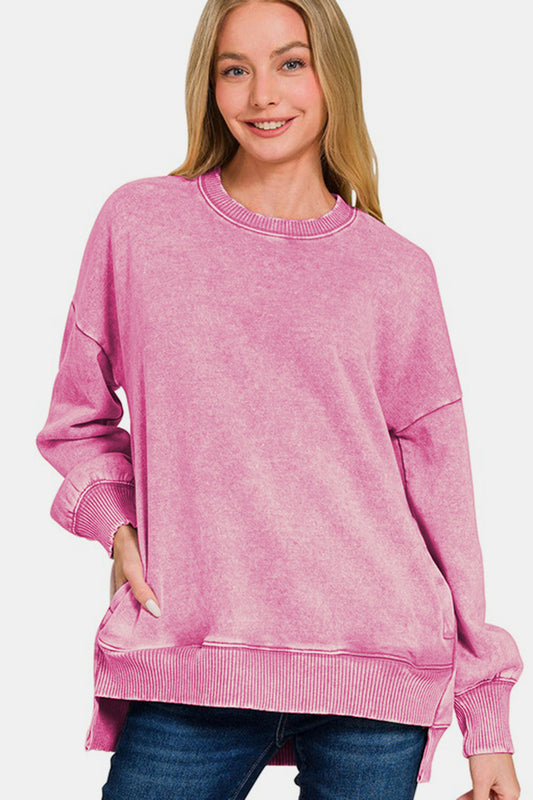 Zenana High-Low Acid Wash Fleece Sweatshirt