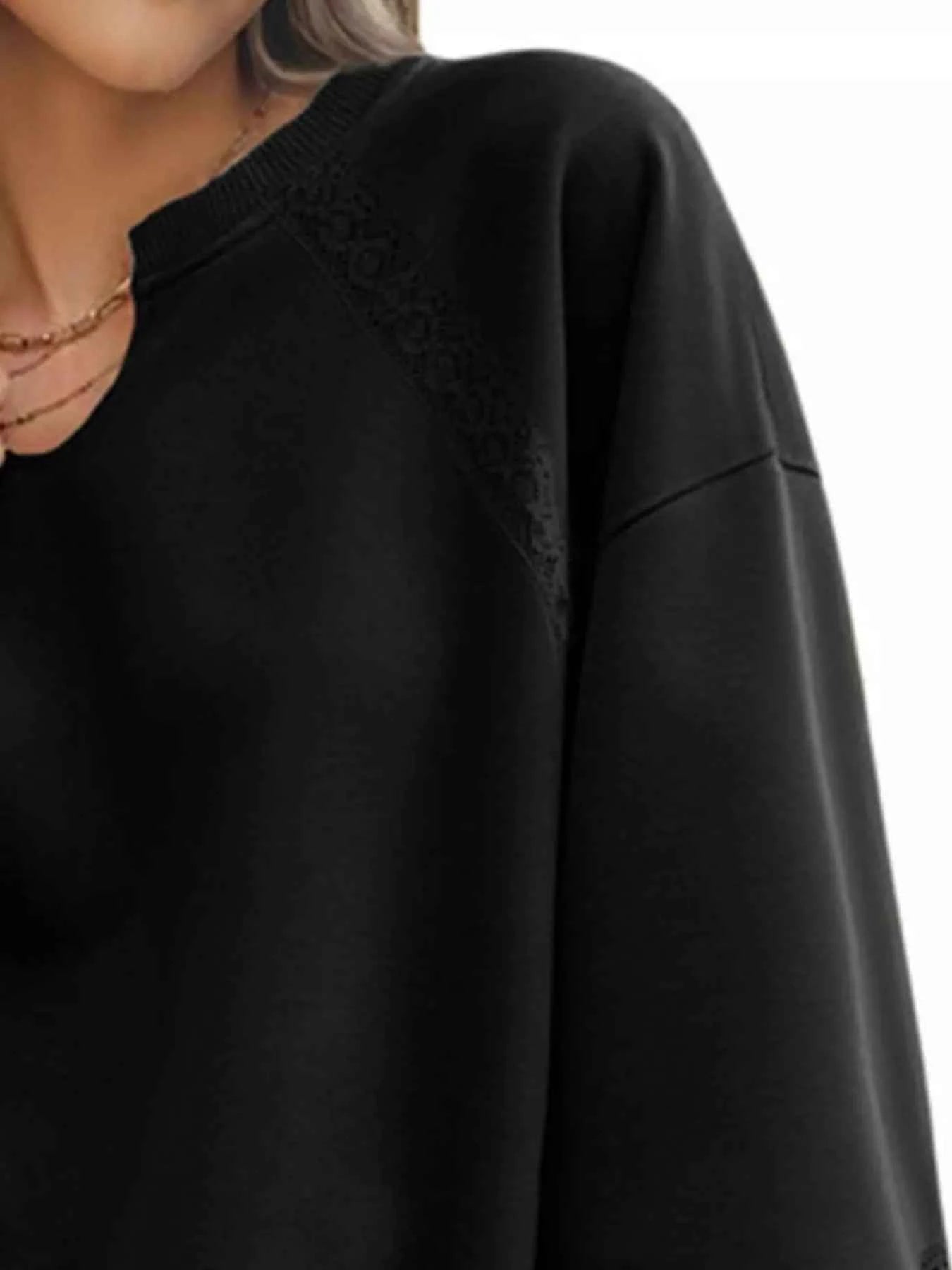 Lace Detail Notched Long Sleeve Sweatshirt 3047cee6-216e-44ec-8f89-43b85601bde8-Max-Origin