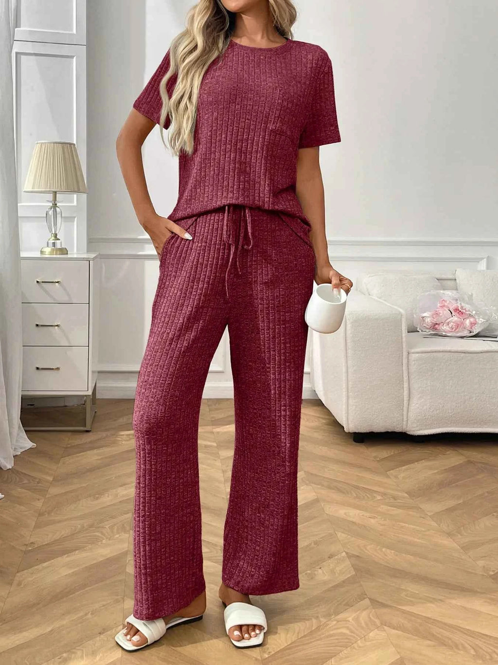 Ribbed Knit Short Sleeve Top and Pants Lounge Set 305553717ff8421d84f2311fcfca65db-Max-Origin