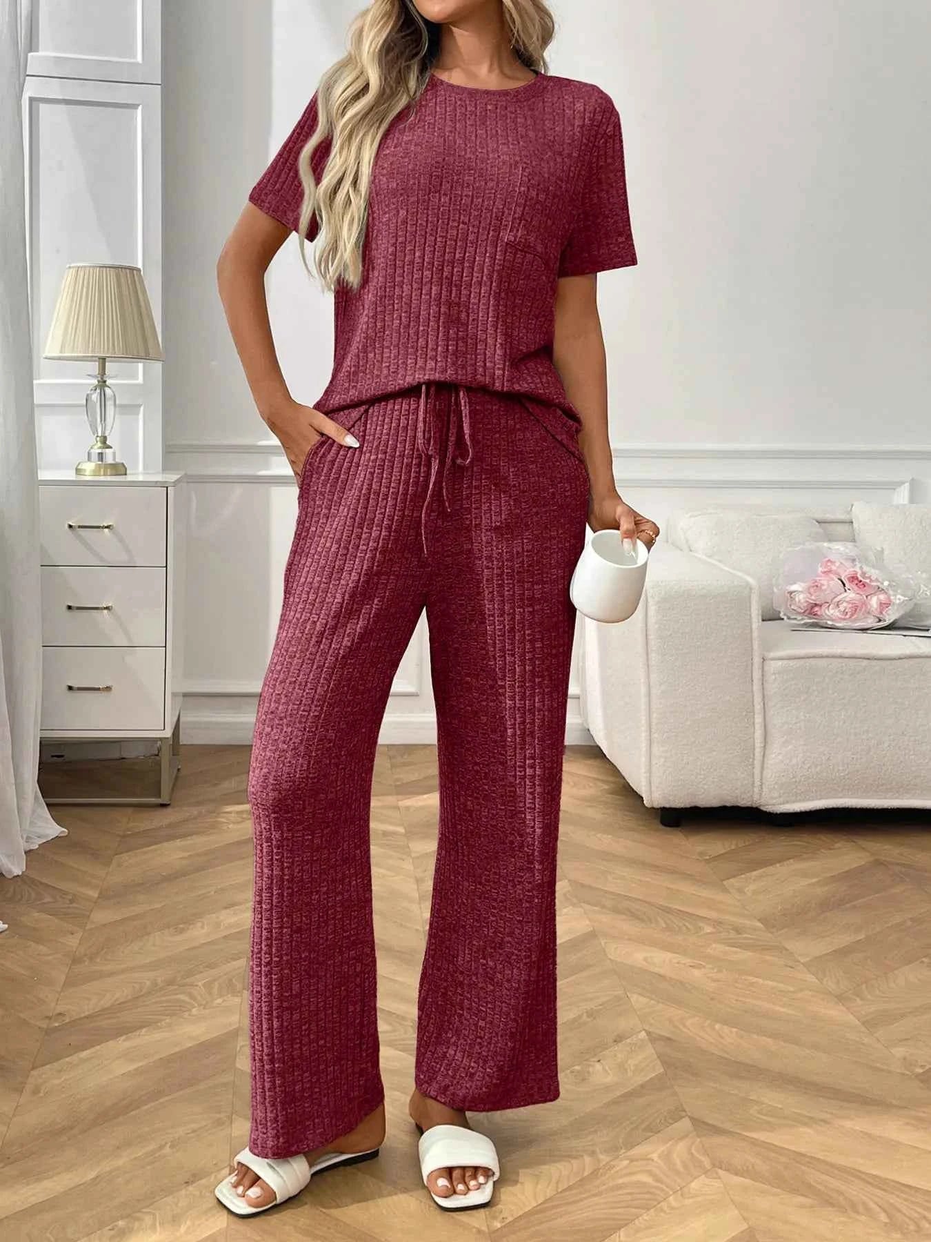 Ribbed Knit Short Sleeve Top and Pants Lounge Set 305553717ff8421d84f2311fcfca65db-Max-Origin