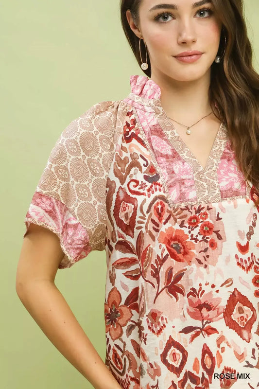 Mixed Print V-Neck Short Sleeve Top 3059f0ee-1089-435d-87ba-dbdd8ea0468d-Max-Origin