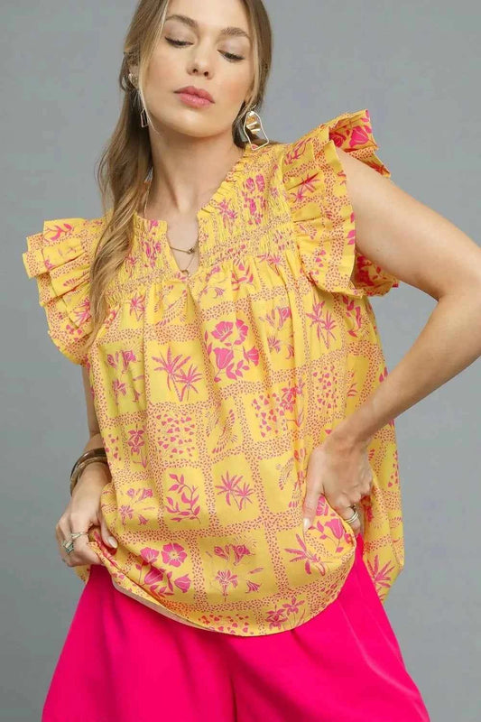 Umgee Printed Ruffle Cap Sleeve Blouse Sherbet 305d07ec-ab98-47cc-8049-68bfbaa23c8b-Max-Origin