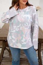 Green Plus Size Camouflage Print Drop Shoulder Loose Pullover Top 3061d4d8db899dcc