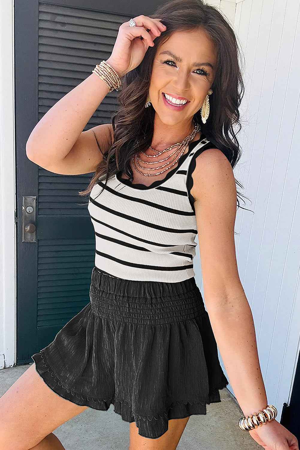 Bright Green Scalloped Edge Striped Ribbed Tank Top 3063d2208e5d14d9