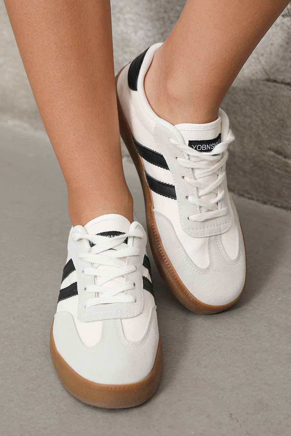 White Striped Lace Up Flat Sneakers 30645b3bde15f338
