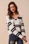 SO ME Fuzzy Hairy Stripe Deep U Neck Sweater IVORY BLACK 3064c4a6-021e-44a7-859b-b5ebf0c2443e-Max-Origin