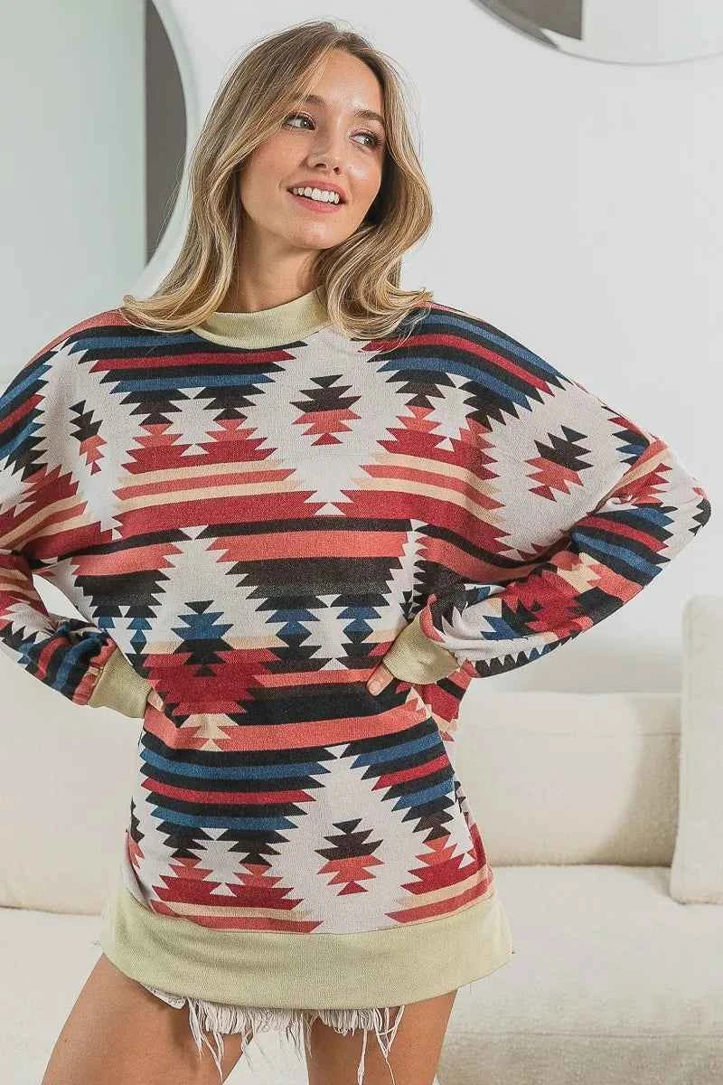 BiBi Aztec Print Mirr Mock Neck Lslv Top 30656be6915947cb858909218910cb60-Max-Origin