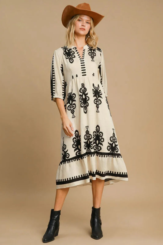 Umgee Printed Notched Midi Dress 30672845-d34a-423c-80ea-6cc94c77edf2-Max