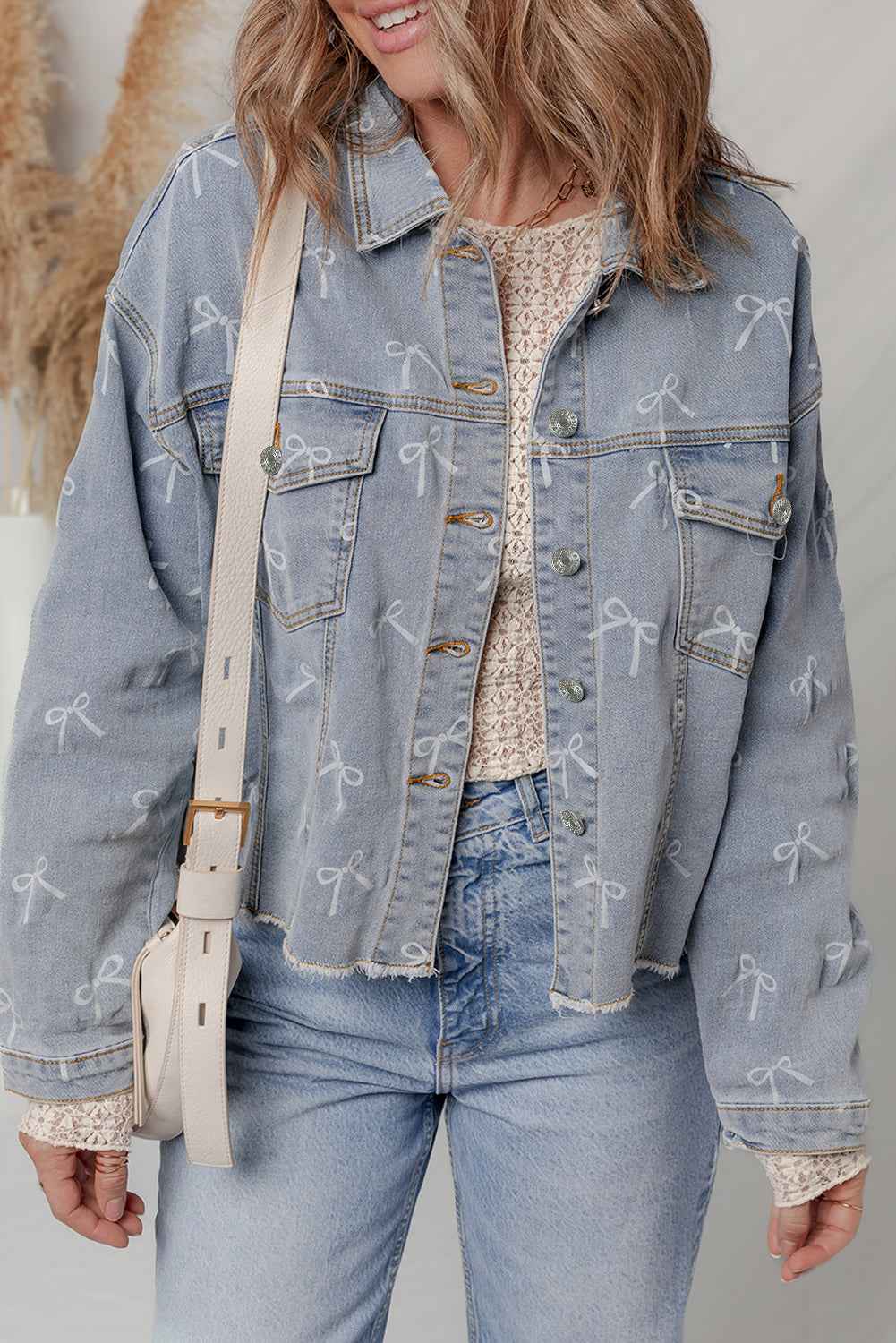 Sky Blue Bow Print Light Wash Raw Hem Denim Jacket Sky Blue 75%Cotton+25%Polyester 306e972bb329a10b