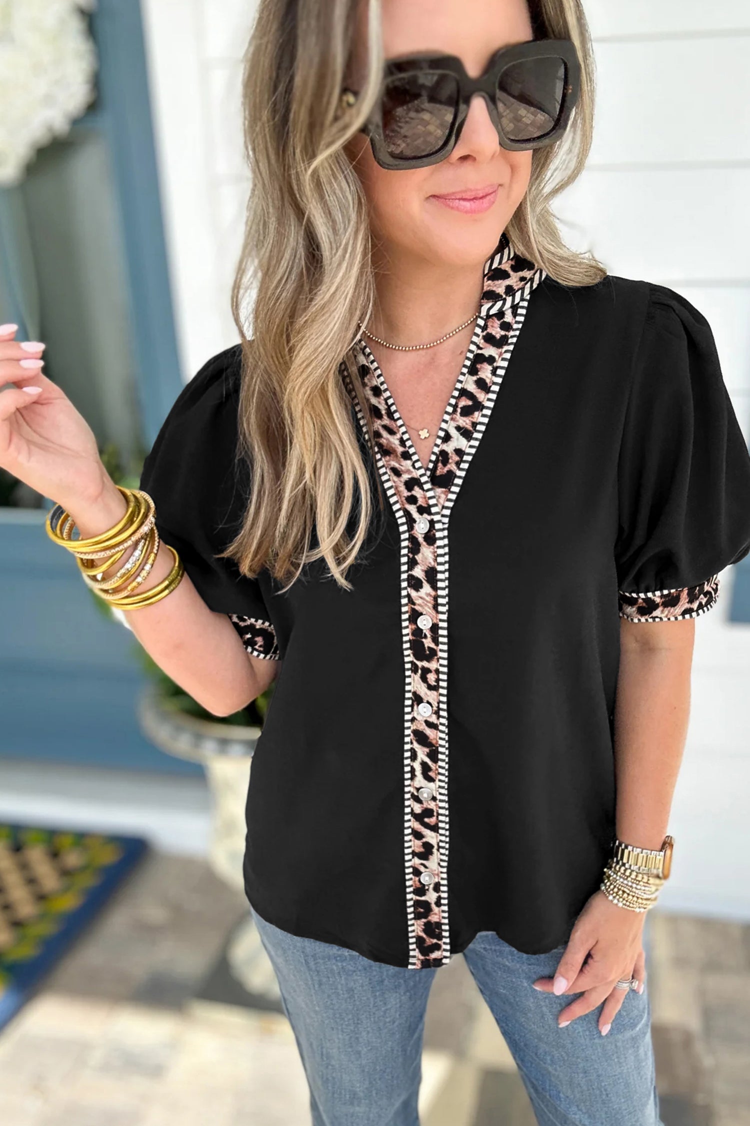 Black V Neck Short Puff Sleeve Contrast Striped Leopard Trim Button Down Shirt 3070470f50eb5502