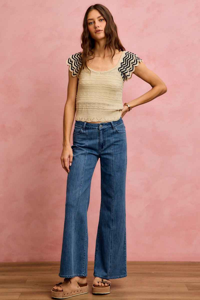 SO ME Wavy Textured Knit Top With Fluttered Sleeves 307a26bcb88f4d3497ef13897750f8bd-Max