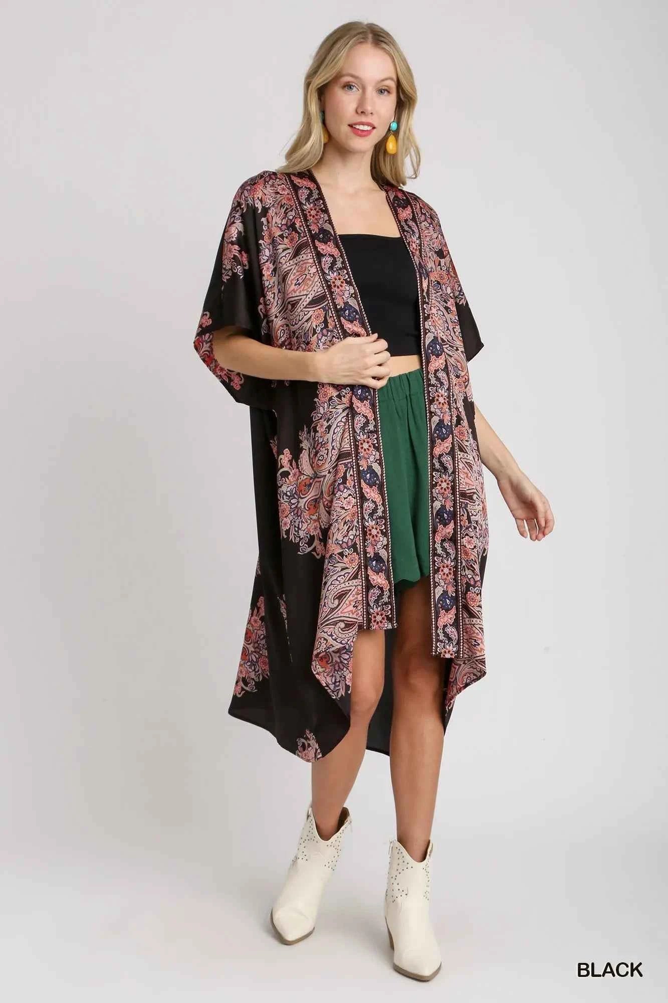 Satin Border Print Short Sleeve Open Front Kimono 307b99f9-6027-403b-9668-41987ed1bba7-Max-Origin