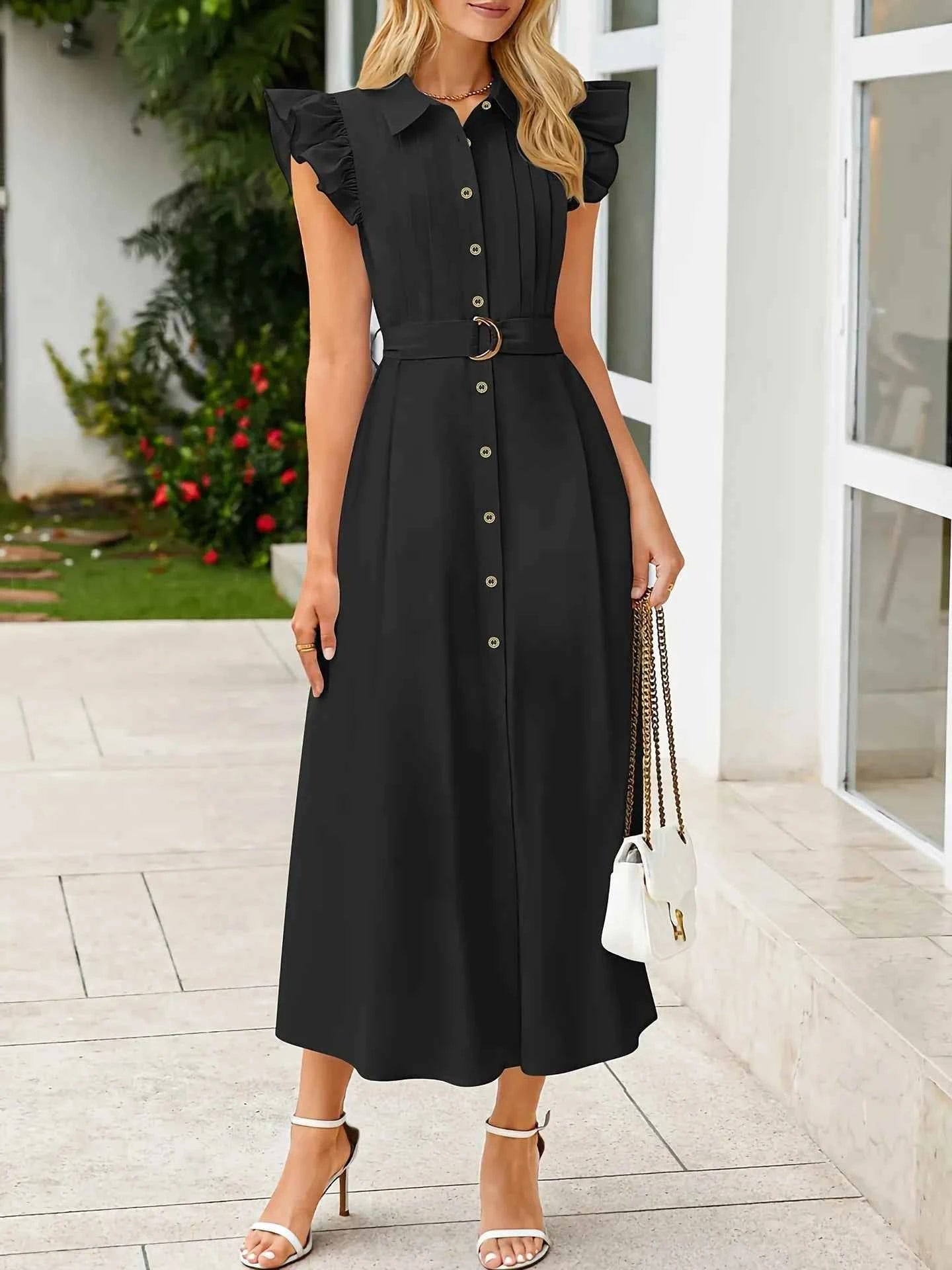 Ruffled Button-Front Midi Dress Black 307d02ef6b644ed4b168634b8ca90384-Max-Origin