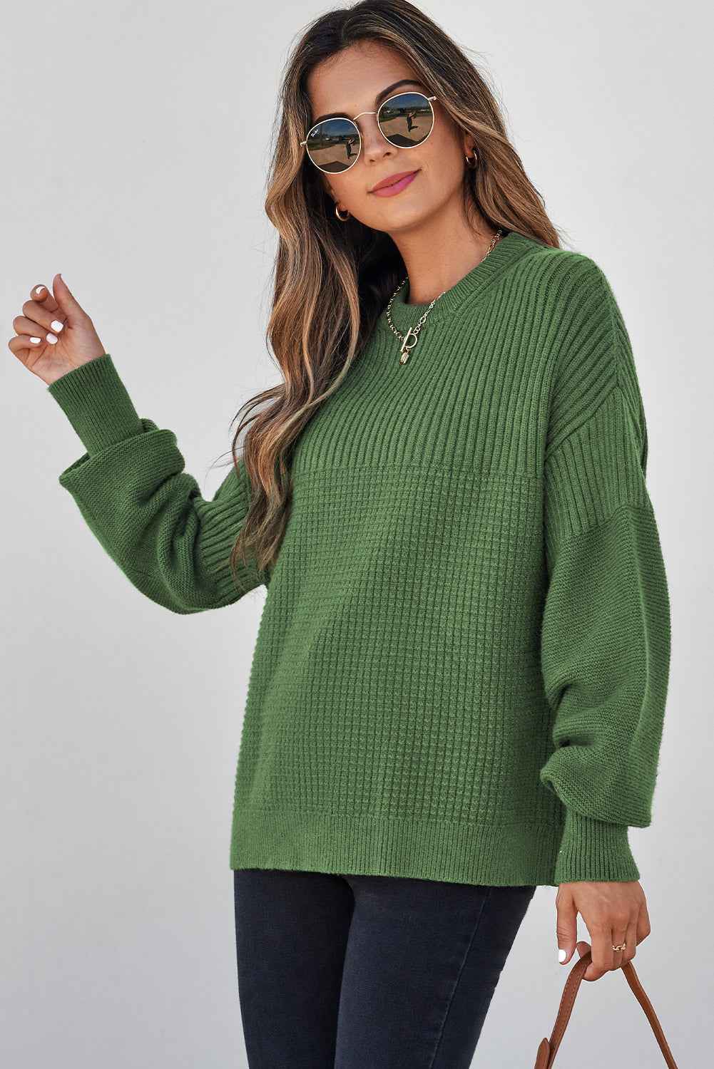Vineyard Green Solid Color Mixed Textured Knitted Crew Neck Sweater 307f7dbc6700fcfc