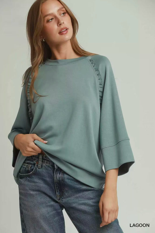 Ruffle Trim 3/4 Raglan Sleeve Top LAGOON 3081b7fc-7205-46df-b5dc-a16634c54240-Max-Origin