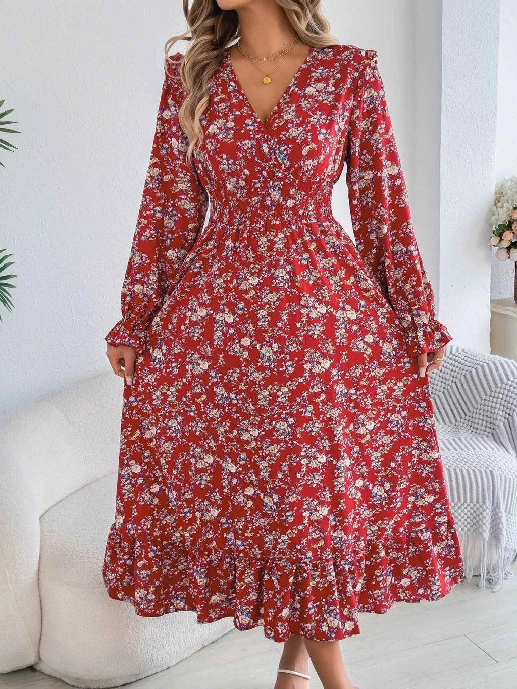 Ruffled Floral V-Neck Flounce Sleeve Dress 30853678-dcd5-4d95-926f-f2cc65d7eb9b-Max-Origin