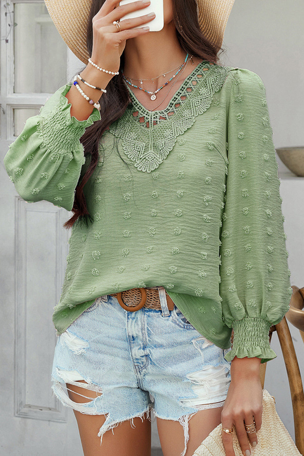 Grass Green Swiss Dot Lace Patchwork V Neck Long Sleeve Blouse Grass Green 3085f6fa24c884c0