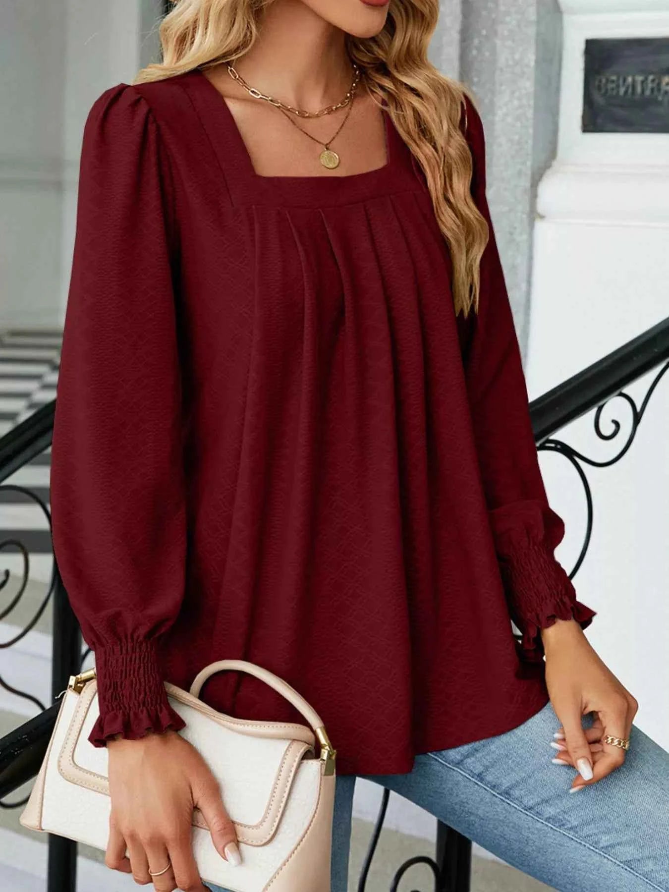Pleated Square Neck Long Sleeve Top 308708b8-8051-4e22-96f7-d944fb83aa9d-Max-Origin
