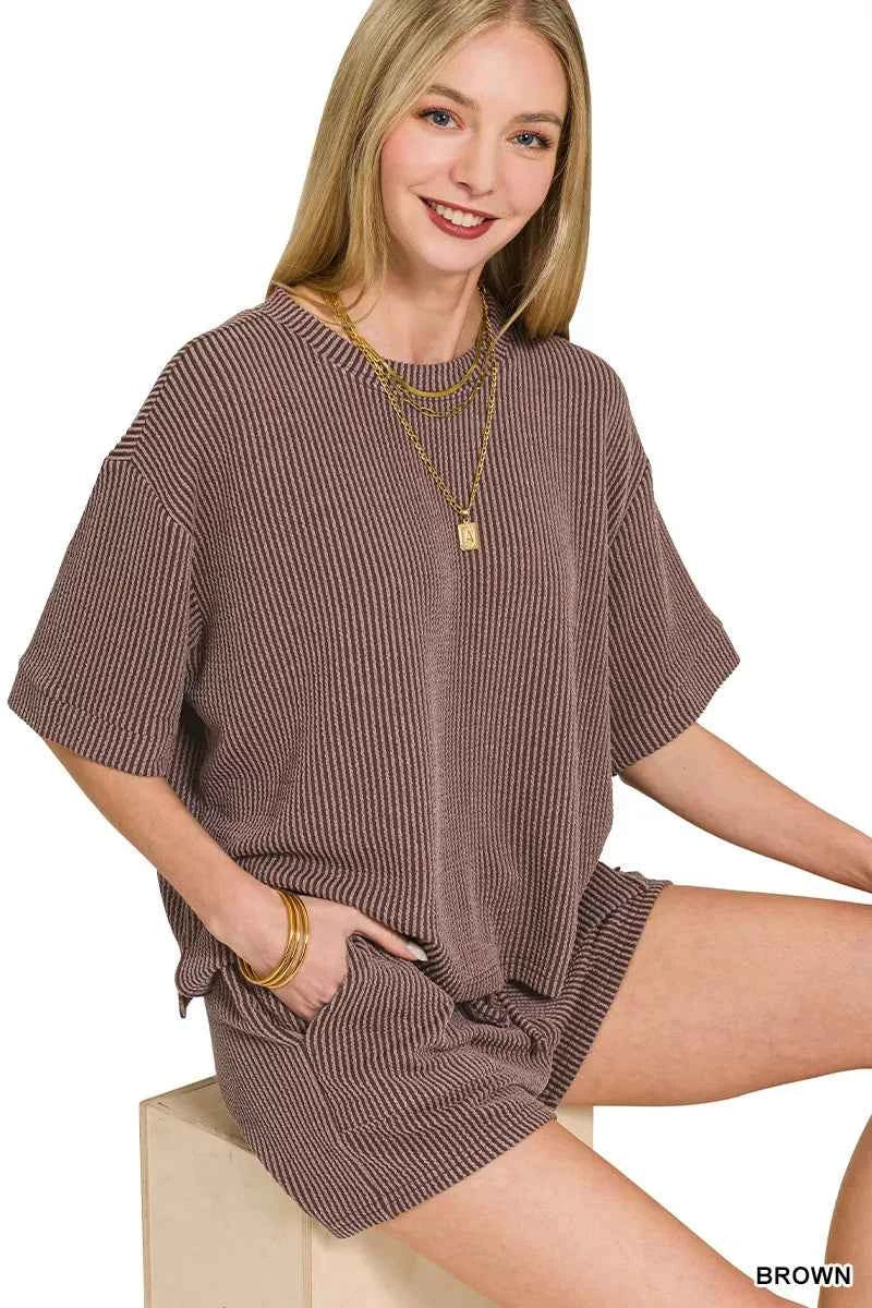 Zenana Raised Rib Short Sleeve Tee and Drawstring Shorts Set 3088b31c-5098-4878-bf9c-c6a9ebabf65b-Max-Origin