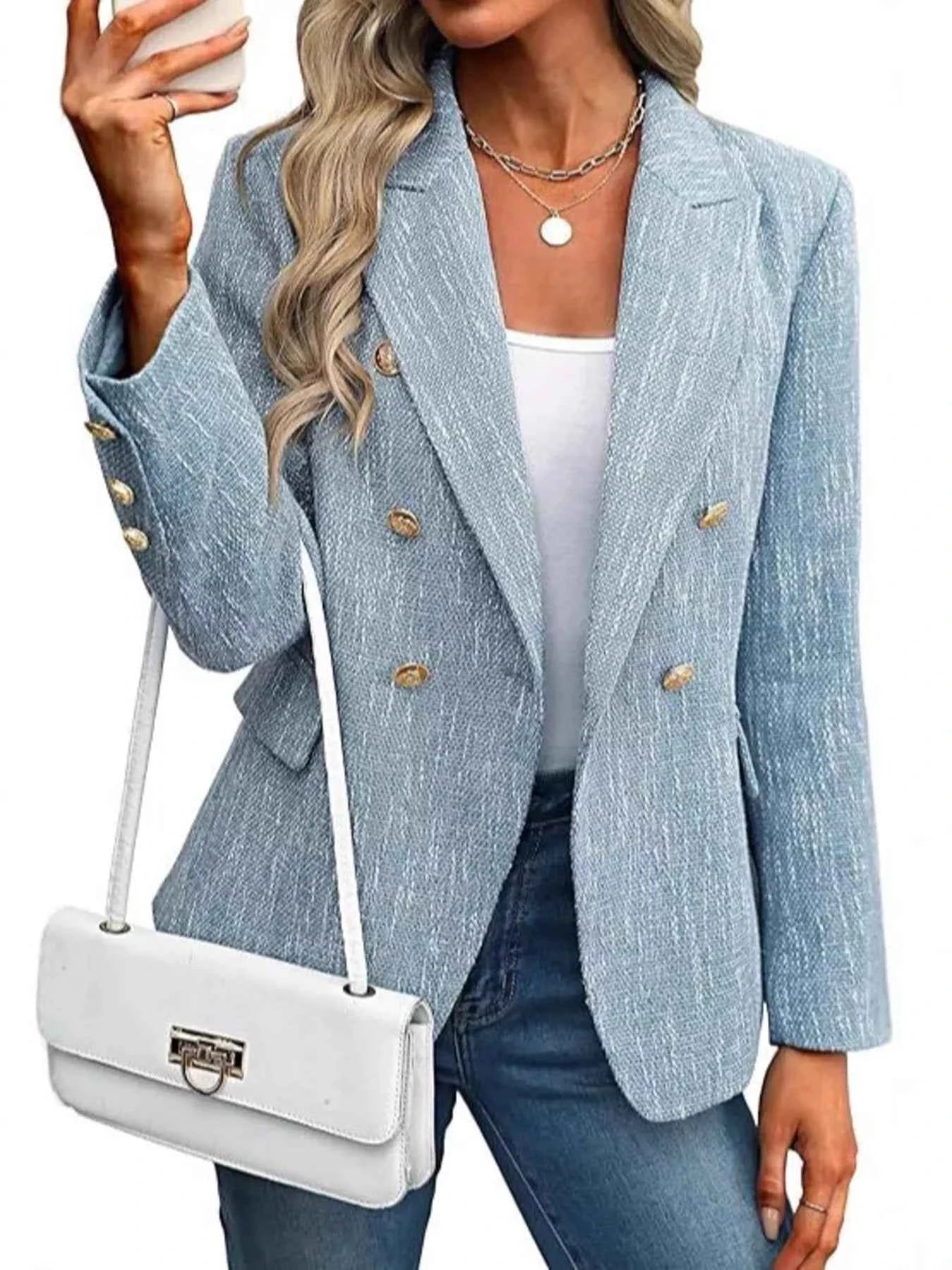 Double-Breasted Lapel Collar Blazer Light Blue 308b05b0-c357-425a-b225-f54bfd172eae-Max-Origin