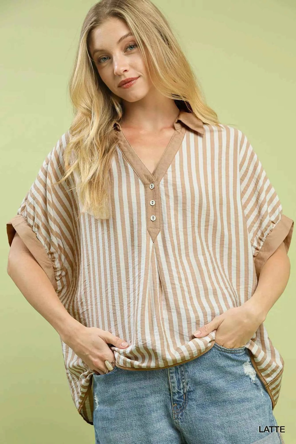 Umgee Stripe Collared Oversized Top LATTE 3094e1e7-c57e-4af5-aedd-0f52e4c94ad1-Max-Origin