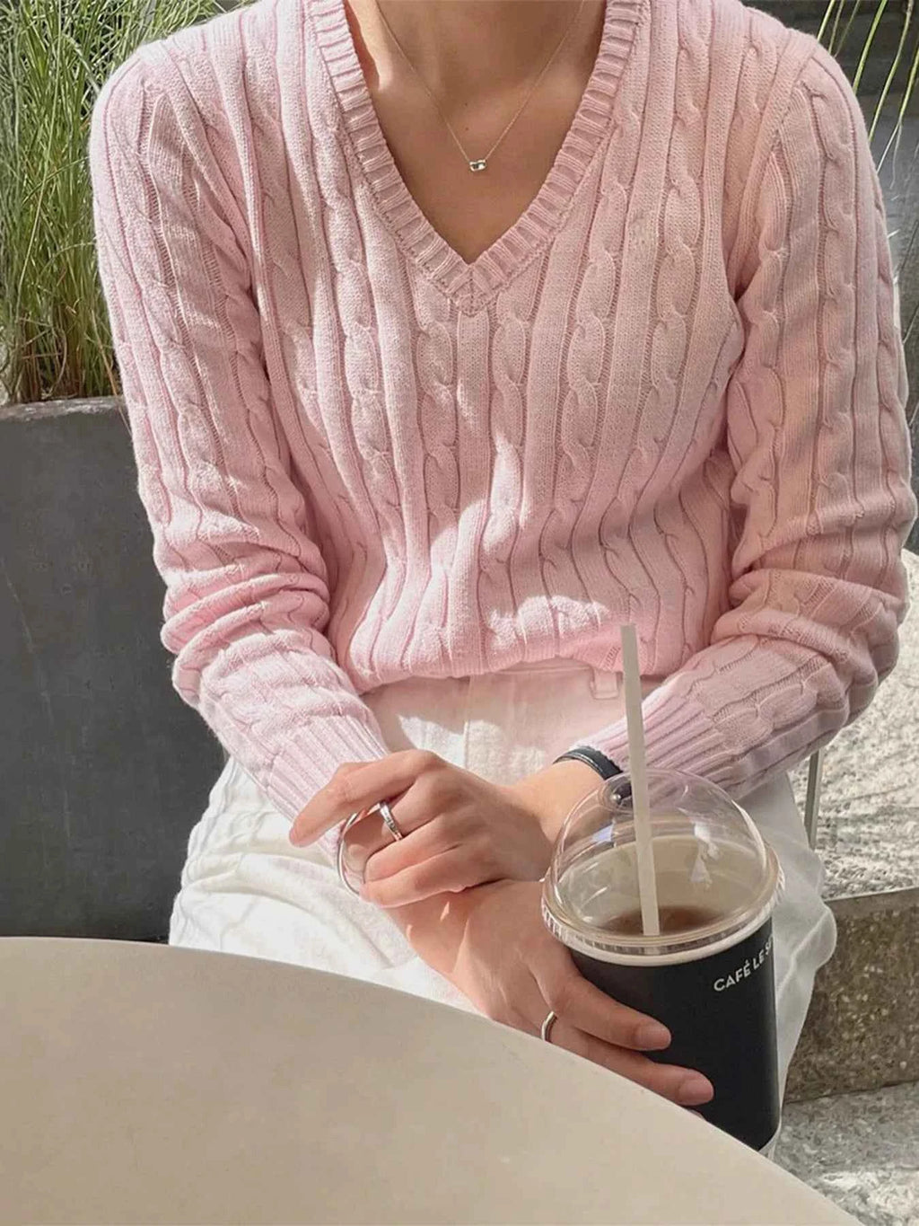 Cable Knit V-Neck Pullover Sweater Pink 3096cc2d60354459bb0351d3f02ba41b-Max-Origin