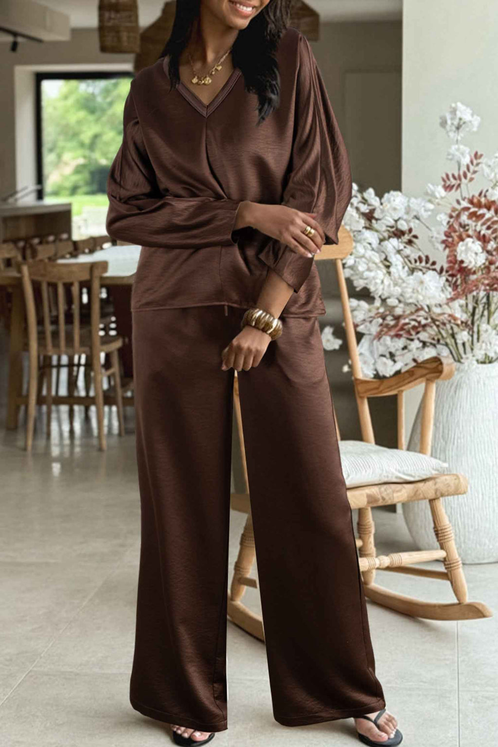 Dark Brown Braided V Neck Long Sleeve Loose Top and Drawstring High Waist Pants 2pcs Outfit Dark Brown 90%Polyester+10%Polyamide 309abc9885048575