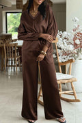 Dark Brown Braided V Neck Long Sleeve Loose Top and Drawstring High Waist Pants 2pcs Outfit Dark Brown 90%Polyester+10%Polyamide 309abc9885048575