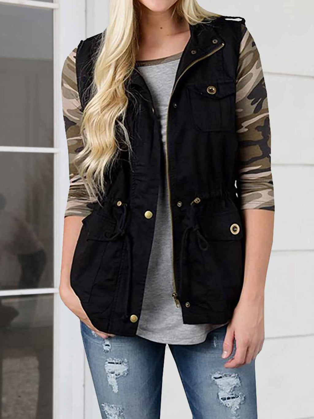 Drawstring Waist Vest with Pockets Black 309dbdba58954834869adc4391269e32-Max