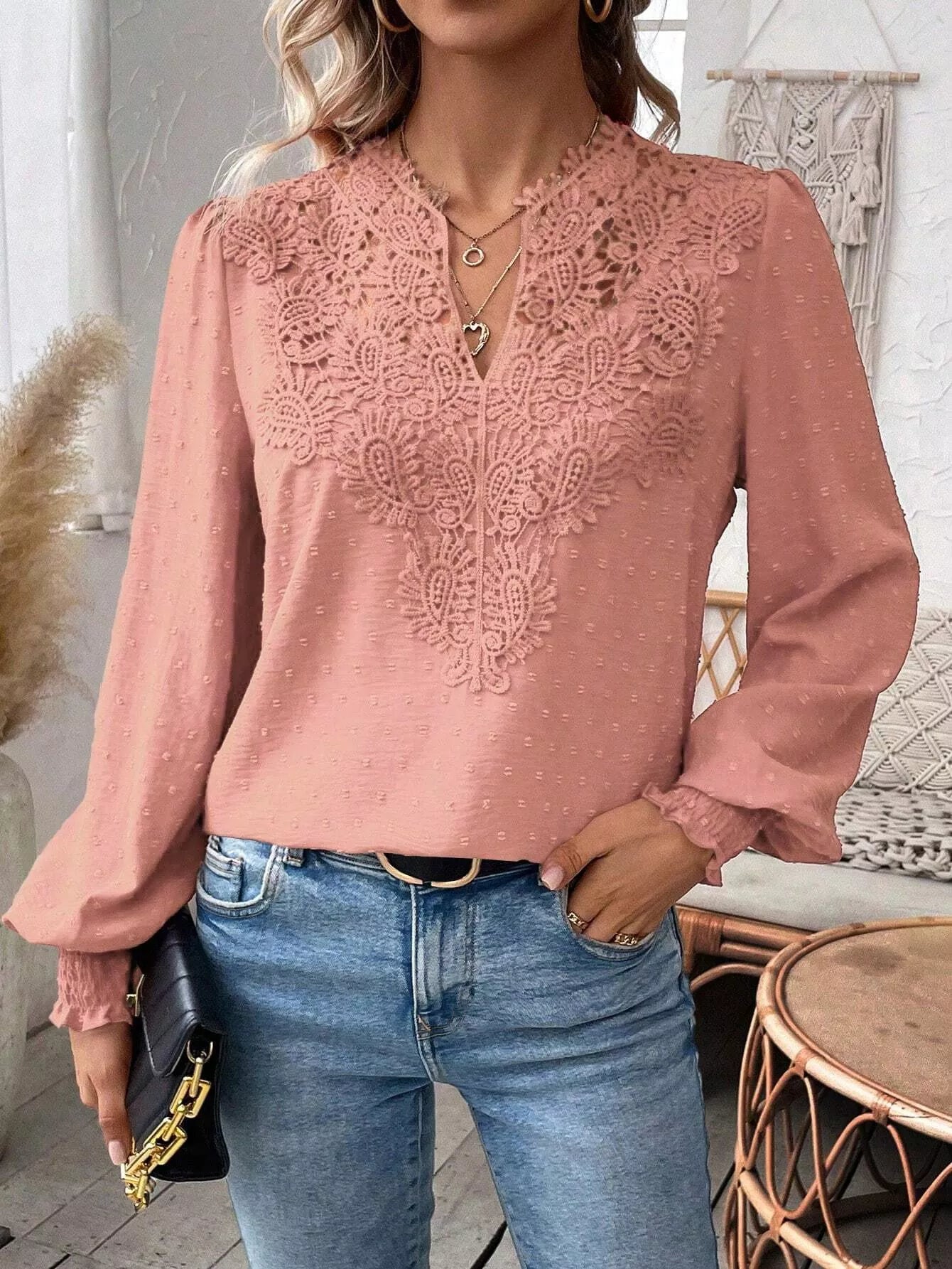 Swiss Dot Lace Detail Long Sleeve Blouse 309e3a77-3fe2-4452-8df0-34b1e8dacc5f-Max-Origin