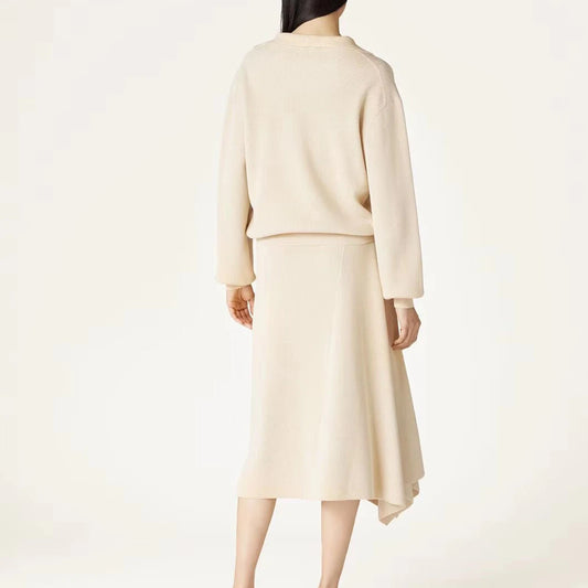 Solid Minimalist Two Piece Set For Women V Neck Long Sleeve Top High Waist Asymmetrical Skirt Casual Sets Female