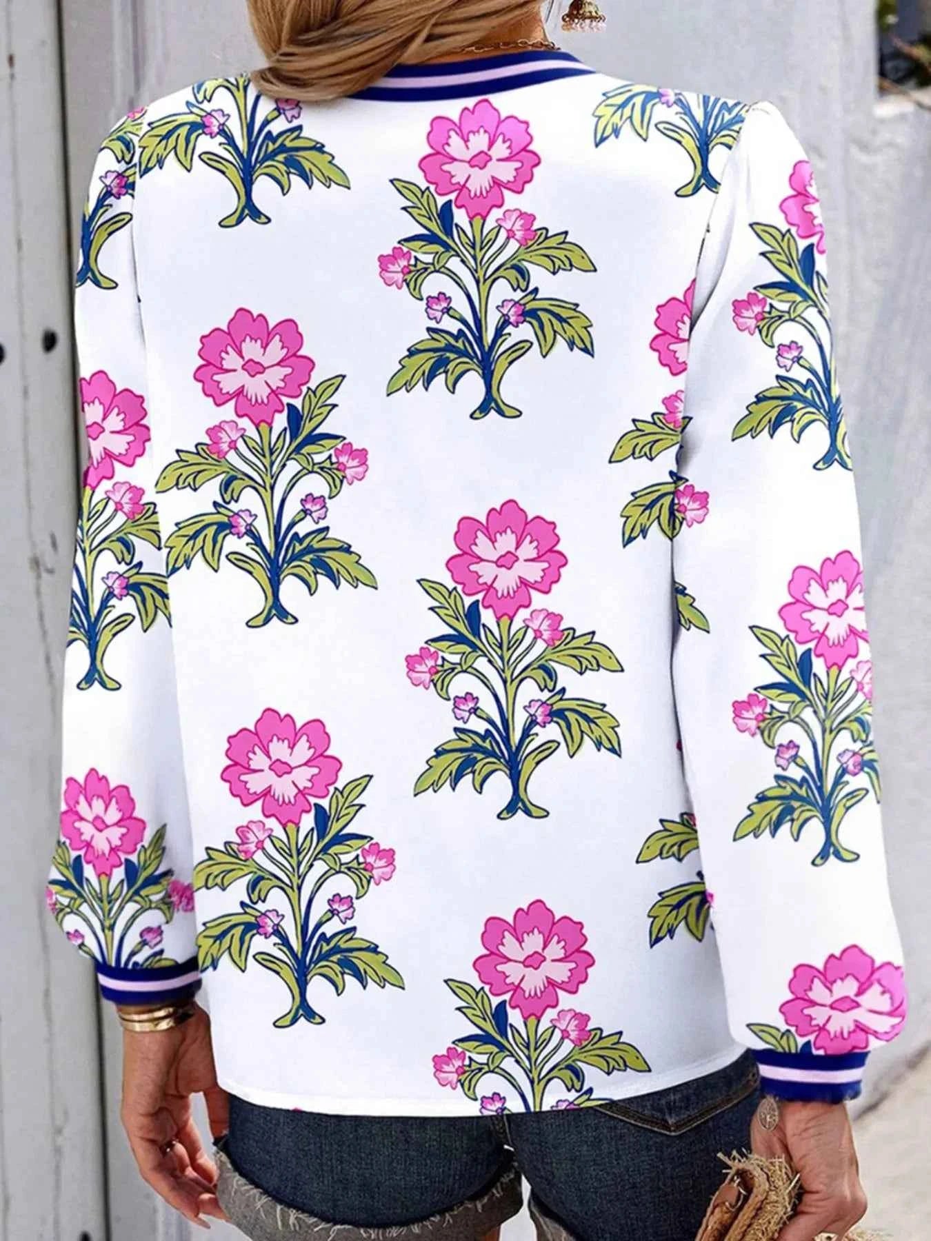 Floral Print Striped V Neck Blouse 30a060e7-7324-46c3-93a5-a56005adaace-Max-Origin