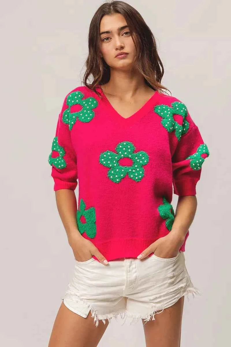 BiBi Pearl Beads Flowers Sweater Top 30a5d089657140328c120c33436536fe-Max-Origin