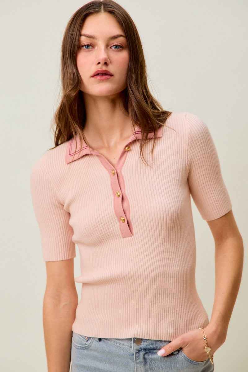 SO ME Contrast Collar Stretchy Rib Knit Short Sleeve Top 30a71eba1a224210b8f43abf4130de94-Max