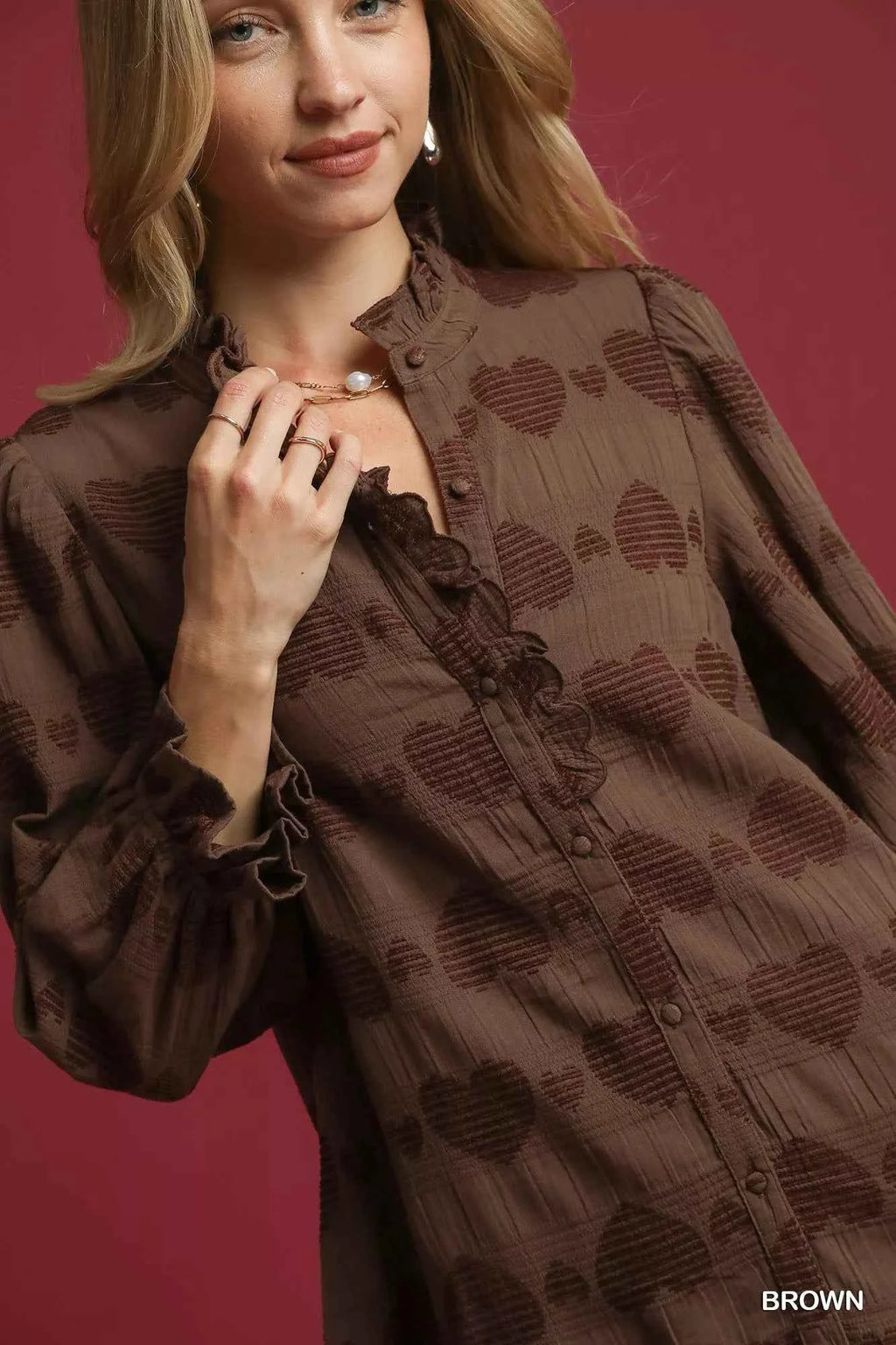 Umgee Heart Jacquard Ruffle Trim Shirt 30a8e5d2-ad67-4299-bc5a-f2e993839b52-Max-Origin