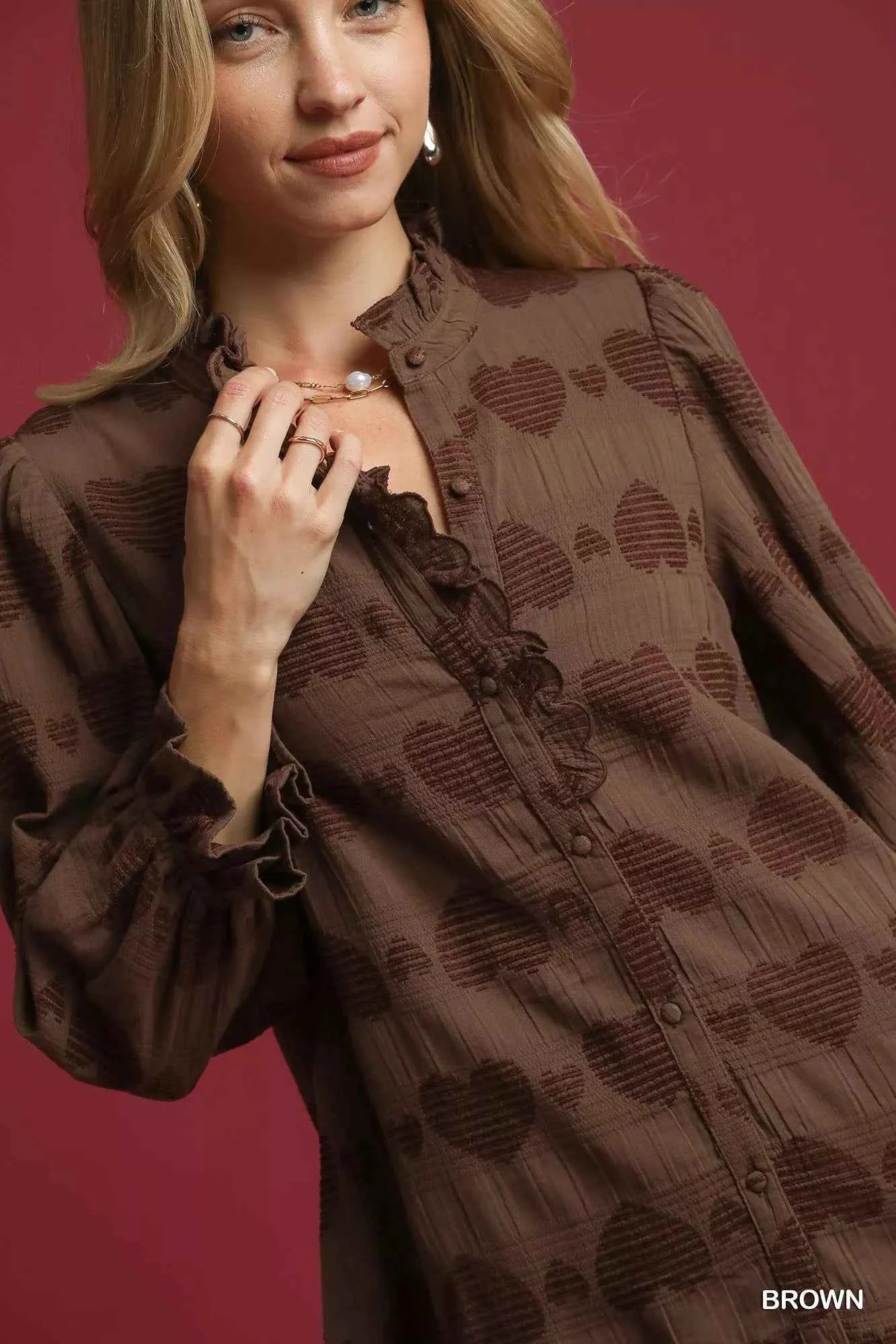 Umgee Heart Jacquard Ruffle Trim Shirt 30a8e5d2-ad67-4299-bc5a-f2e993839b52-Max-Origin
