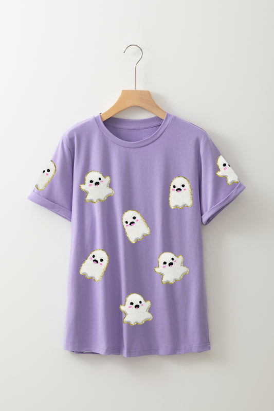 Wisteria Glitter Trim Chenille Ghost Sequins Patch Application Halloween Graphic Tee 30ae20c62fa08522