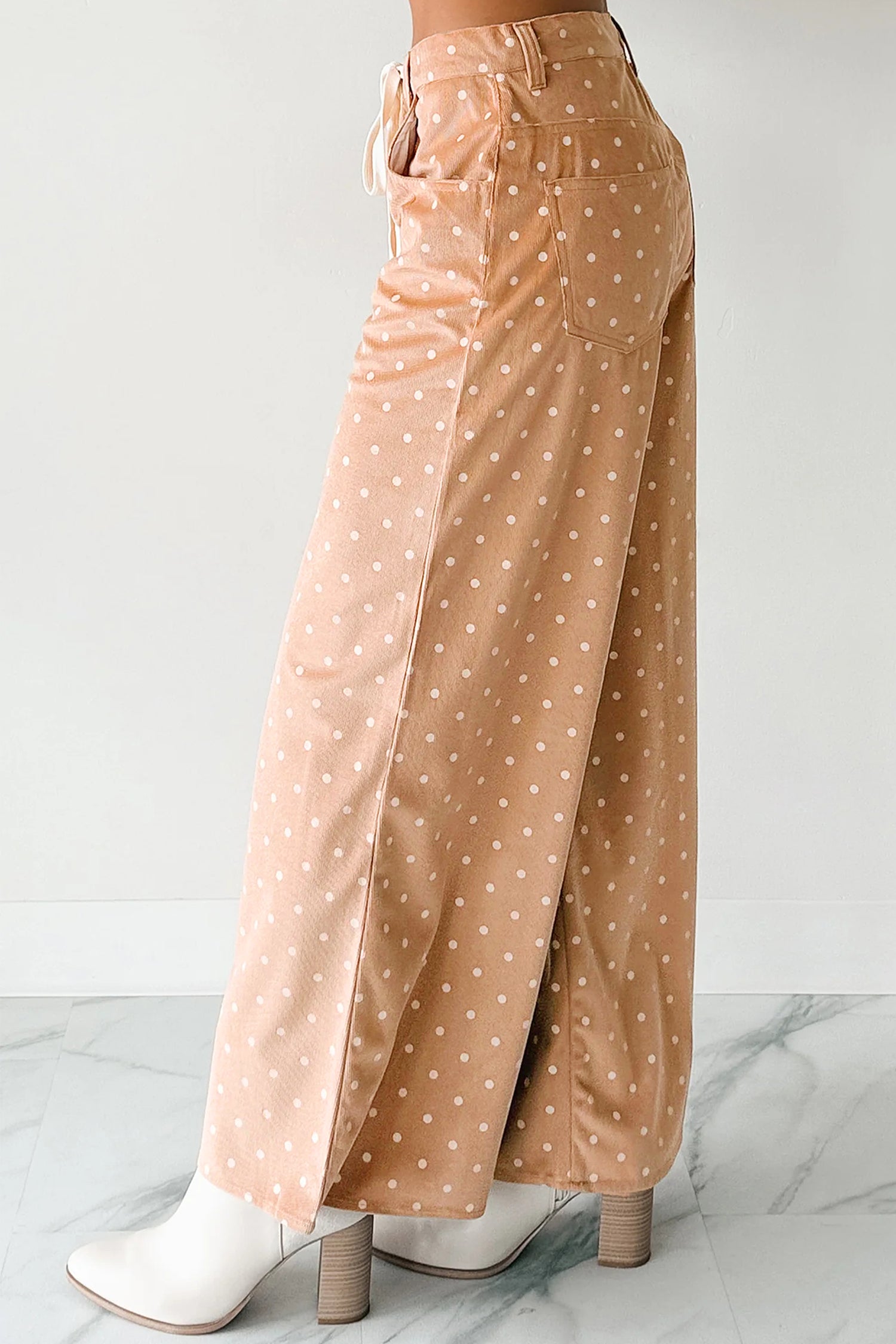Khaki Polka Dot Print Drawstring Wide Leg Pants 30b2a8fed8d840f4