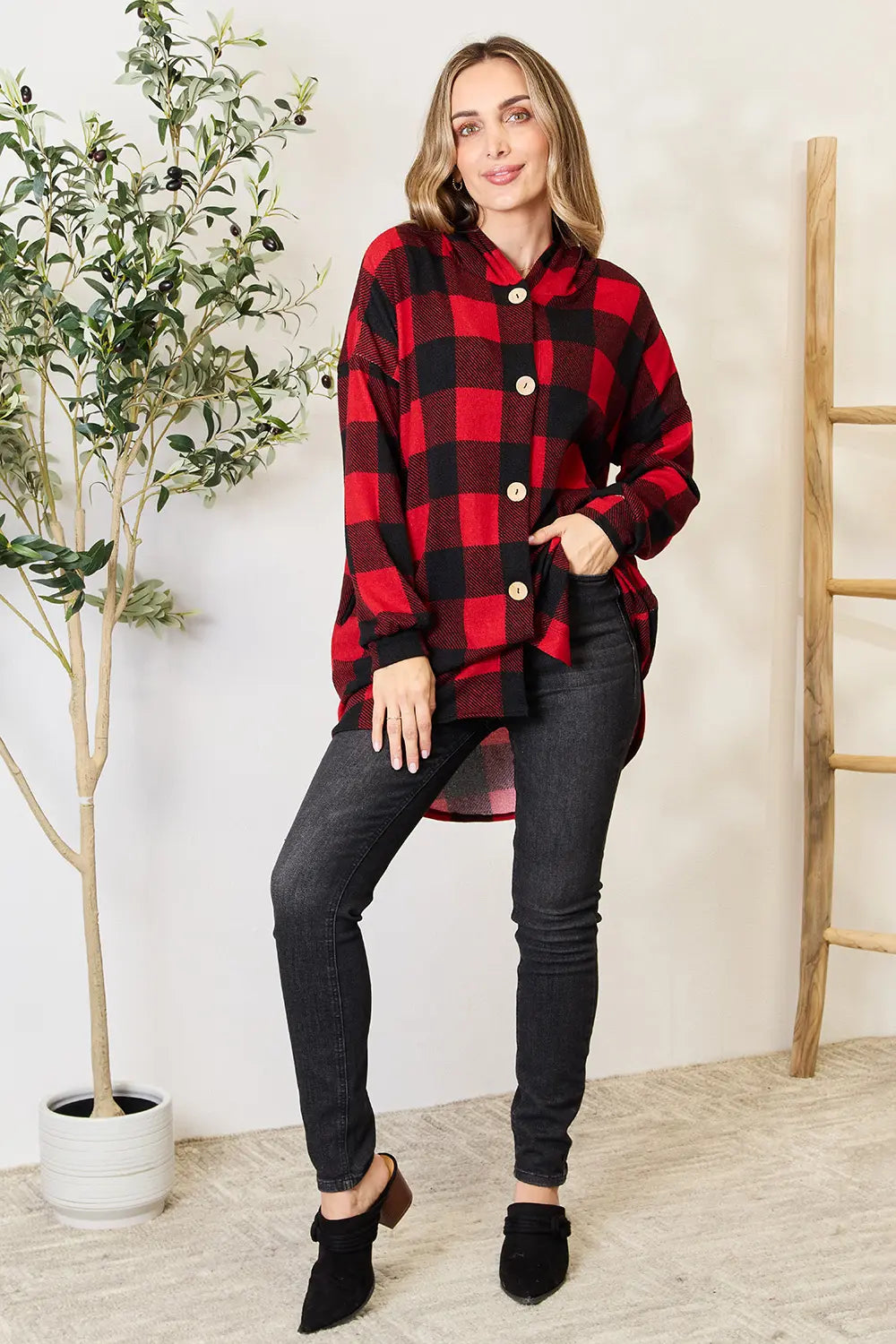 Heimish Full Size Plaid Button Front Hooded Shirt 30b4098f04774017b1901429b890c917-Max