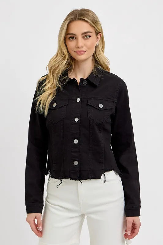 RISEN Full Size Irregular Fray Hem Button Up Denim Jacket Plus Size Black 30b4d44b-15c5-4e0c-ab79-d7ed2811b2f7-Max