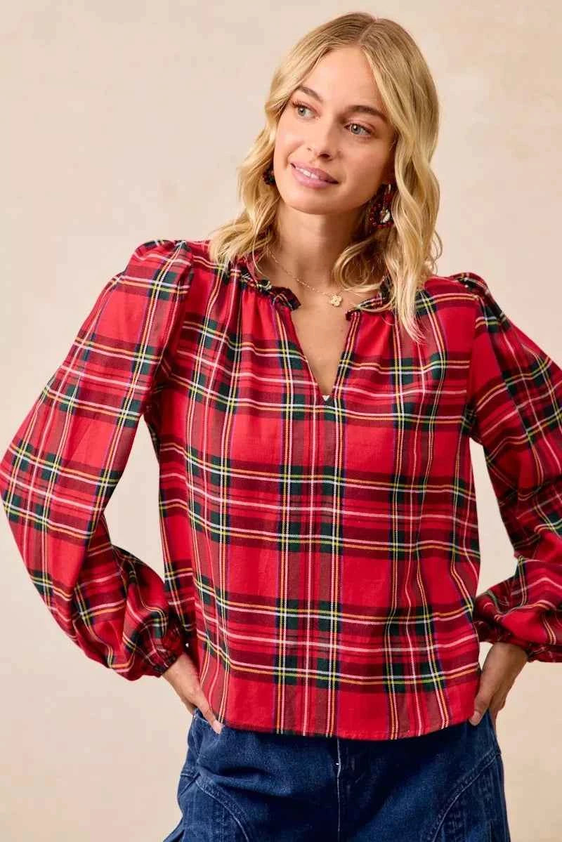 Christmas Plaid Balloon Sleeves Ruffled V-Neck Top 30b9502e1d33440790ca22bcac99ef80-Max-Origin