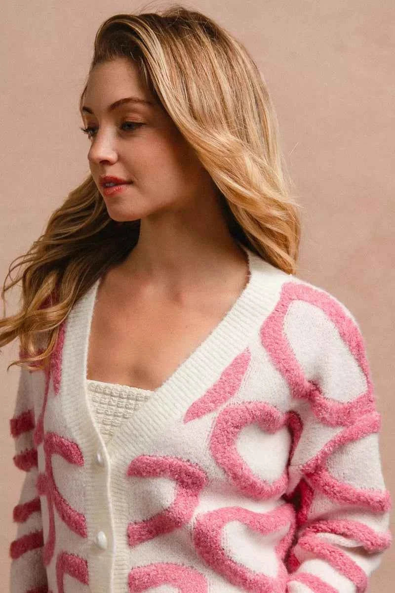 BiBi Textured Heart Buttoned V Neck Cardigan 30bfe7adb68a462da29b2c172d5fac97-Max-Origin