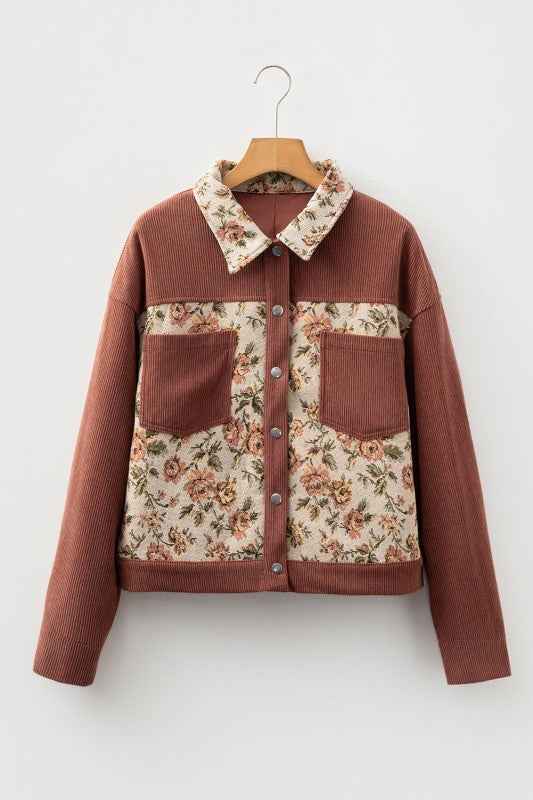 Floral Patchwork Ribbed Corduroy Shirt Jacket 30c2182d-e300-47a7-a0c2-15e8d3f78390