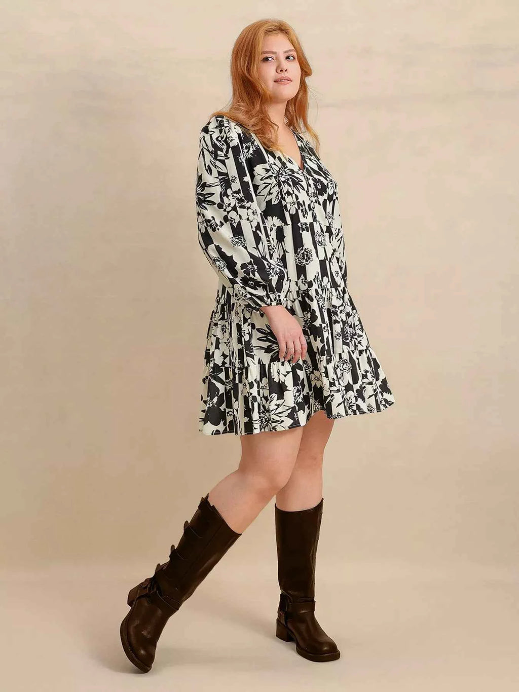 Plus Size Printed V-Neck Long Sleeve Mini Dress 30c471ed-ca00-43e9-969b-229215dea629-Max-Origin