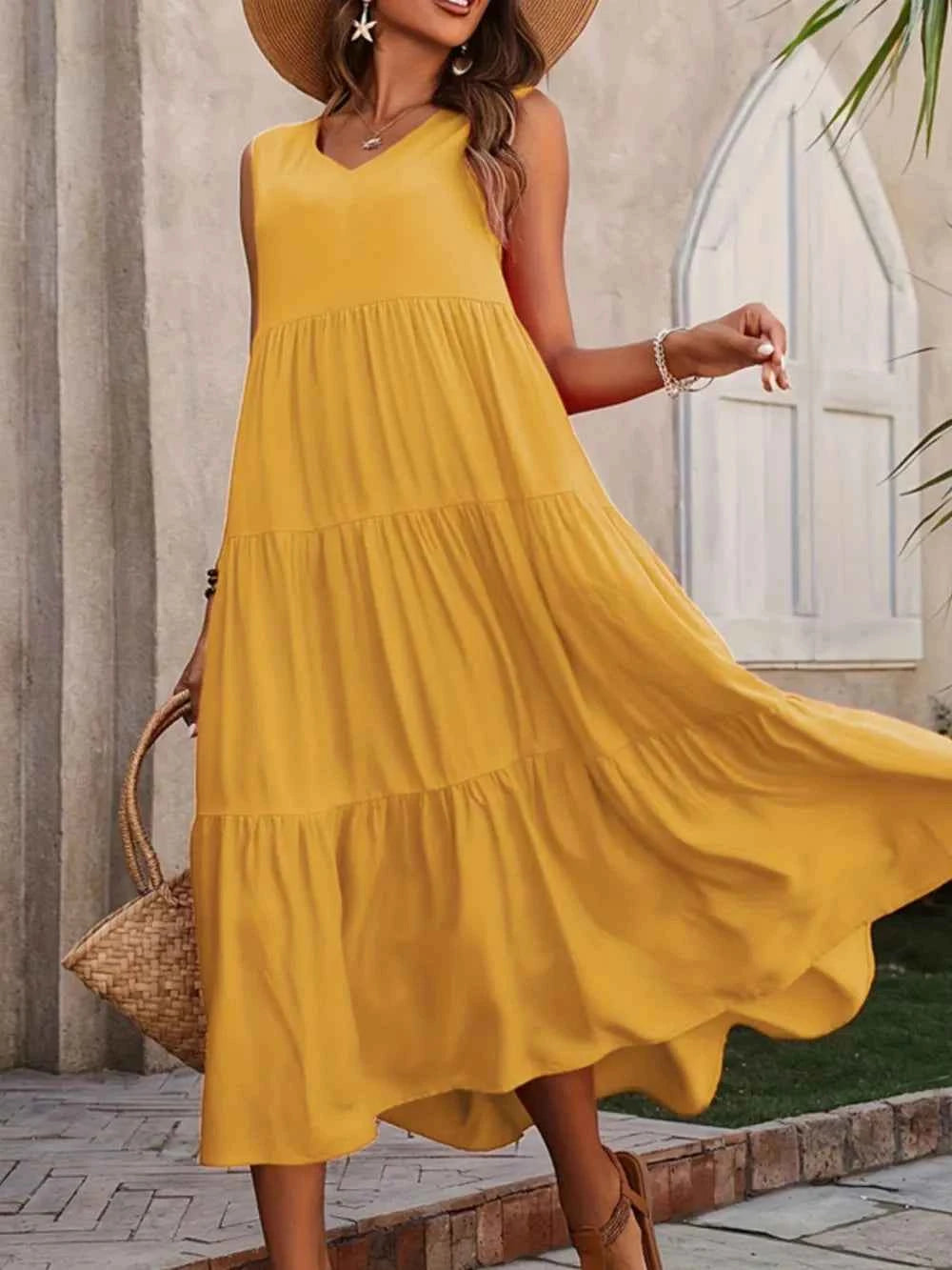 Tiered V-Neck Sleeveless Dress Mustard 30c6159d-468d-4b4f-a5f5-7b7ea7f8b97d-Max