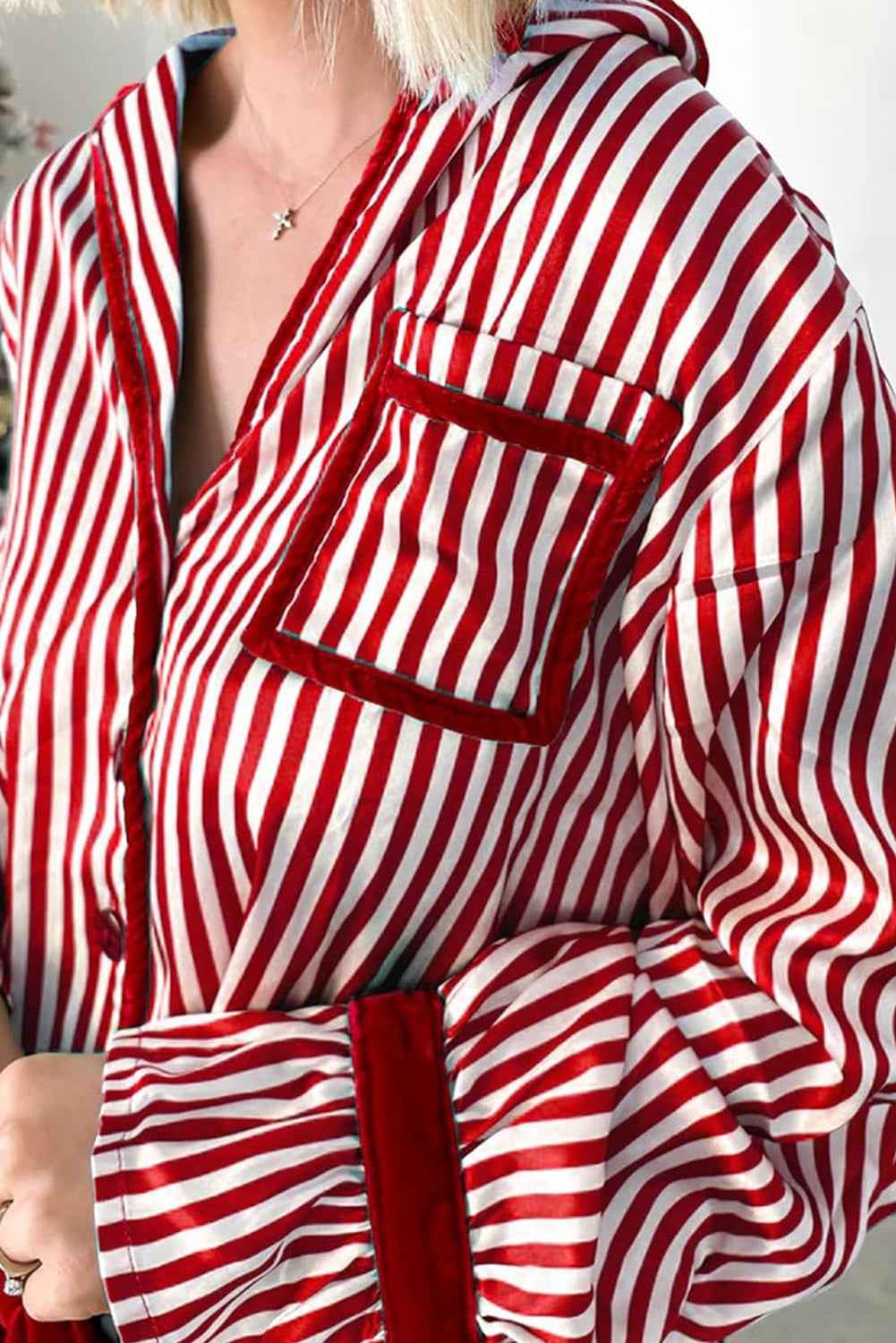Red Striped Contrast Velvet Trim Knot Waist Pajama Set 30c671f4a0f2bc75