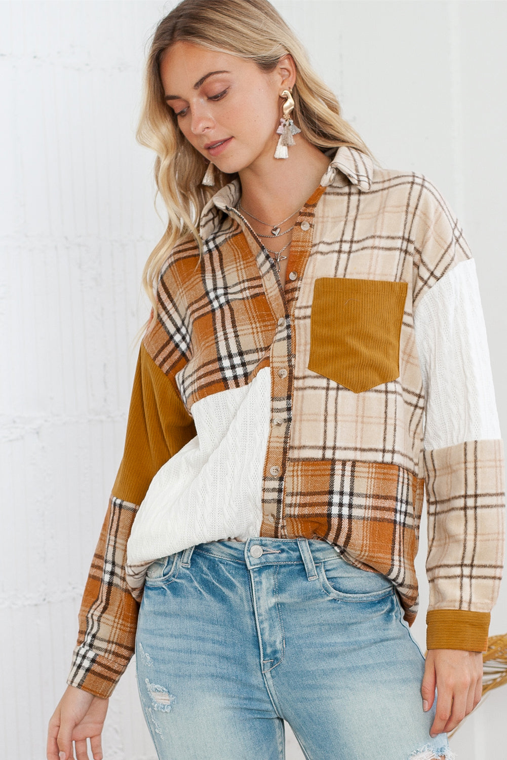 Orange Plaid Color Block Patchwork Pocket Shirt Shacket 30c6749dd94687f4