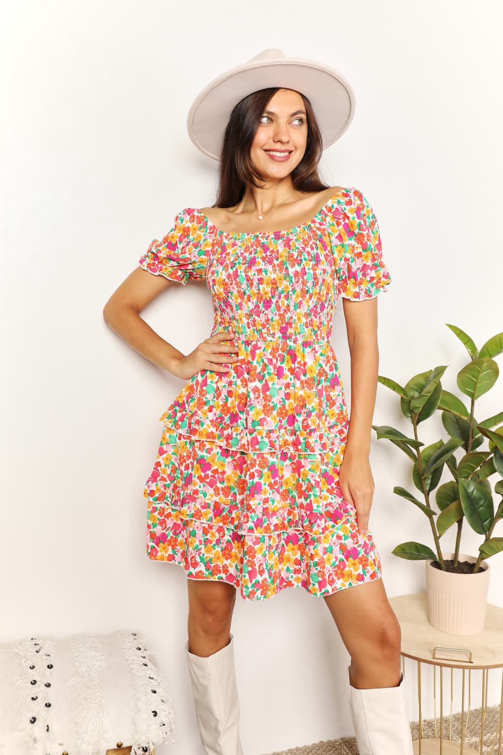 Devine Smocked Sweetheart Neck Flounce Sleeve Mini Dress 30c76ac449794ccf81a4ef389d3000e9-Max