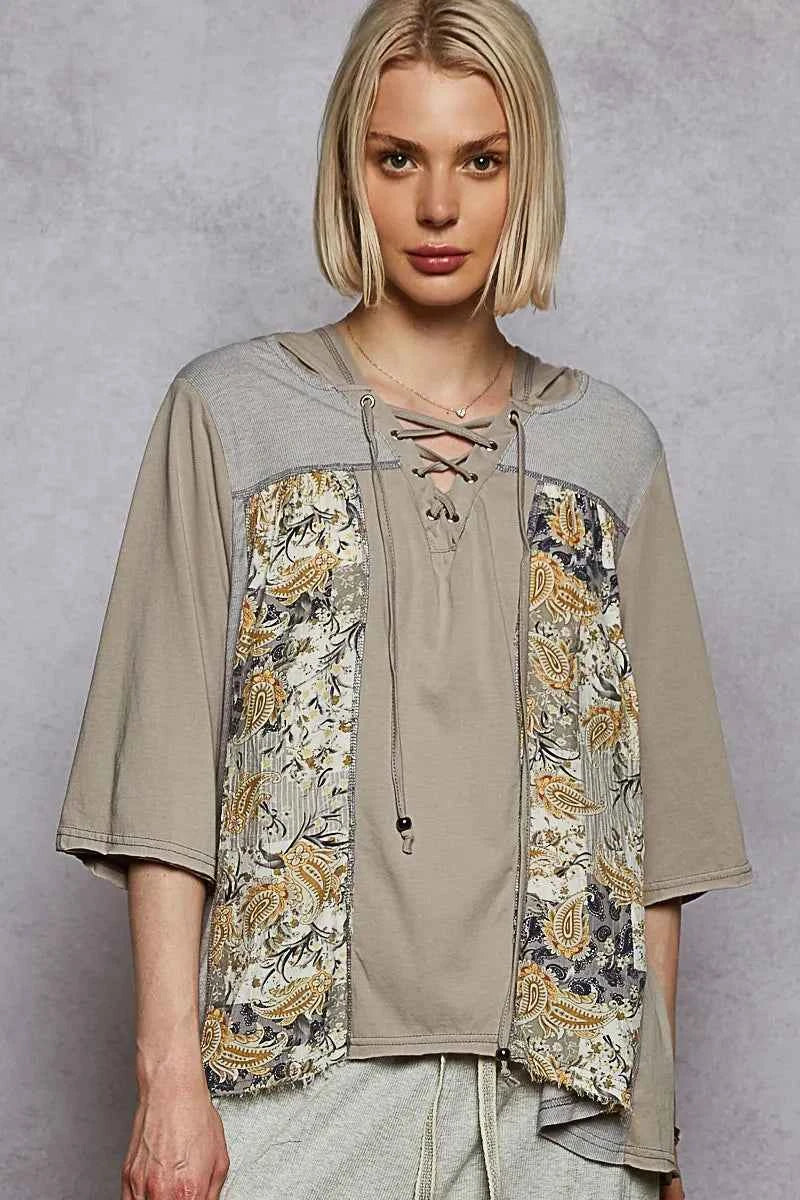 POL Lace-Up Hooded T-Shirt with Paisley Panel Detail Olive 30cf03f0-6bb4-4ab1-b0e6-3292a90741db-Max-Origin
